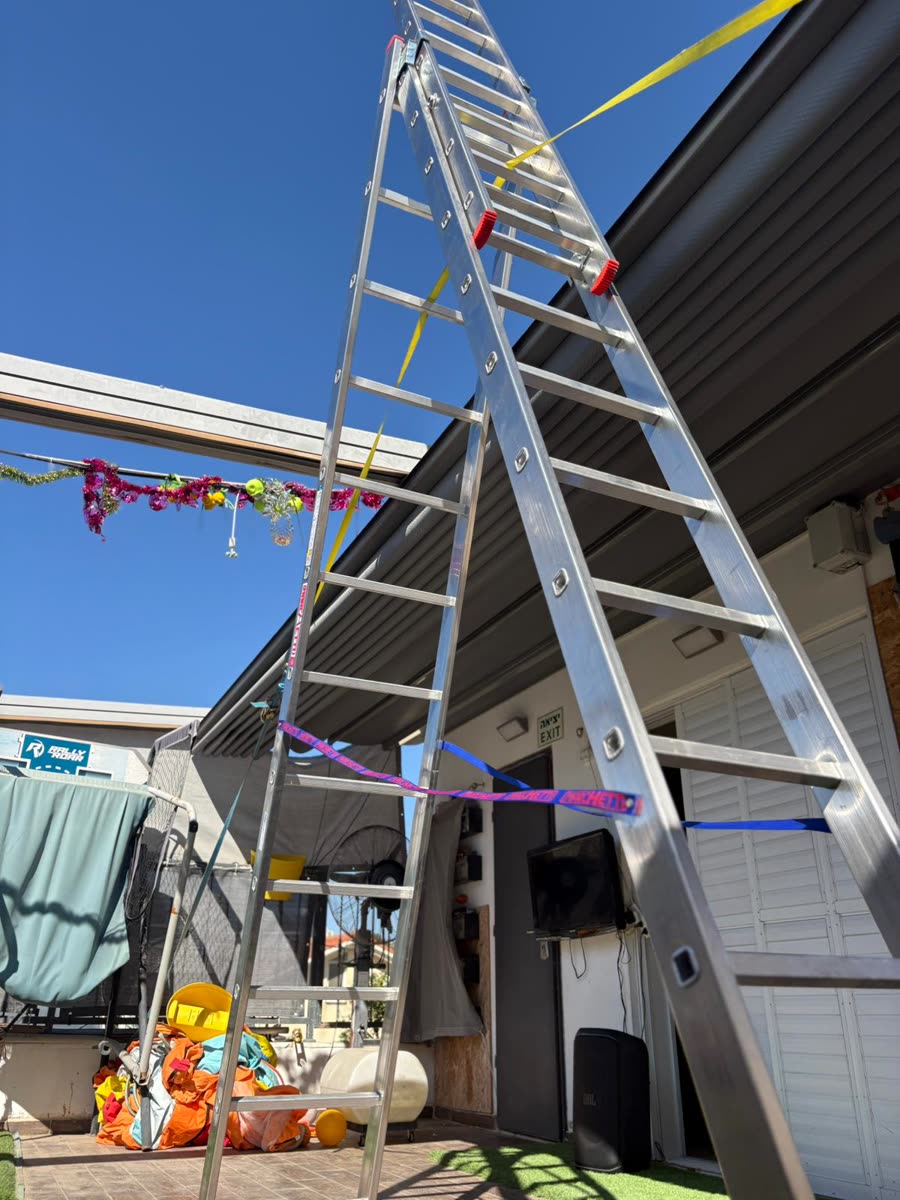 סולם מוצב על גג וקשור